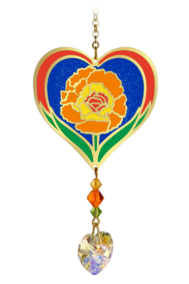 October - Marigold Birth Month Flower Sun-Catcher Mobile - Stained Glass Effect - Sparkling Crystal Heart Adorned - Embellished with Hand-Crafted Beadwork