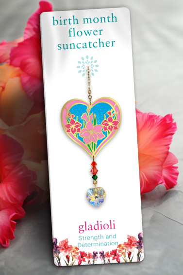 August - Gladioli Birth Month Flower Sun-Catcher Mobile - Stained Glass Effect - Sparkling Crystal Heart Adorned - Embellished with Hand-Crafted Beadwork