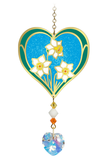 December - Narcissus Birth Month Flower Sun-Catcher Mobile - Stained Glass Effect - Sparkling Crystal Heart Adorned - Embellished with Hand-Crafted Beadwork