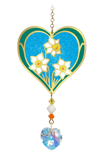 December - Narcissus Birth Month Flower Sun-Catcher Mobile - Stained Glass Effect - Sparkling Crystal Heart Adorned - Embellished with Hand-Crafted Beadwork