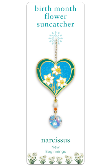 December - Narcissus Birth Month Flower Sun-Catcher Mobile - Stained Glass Effect - Sparkling Crystal Heart Adorned - Embellished with Hand-Crafted Beadwork