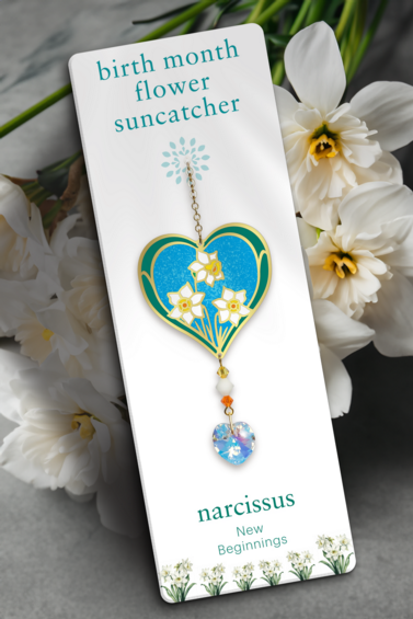 December - Narcissus Birth Month Flower Sun-Catcher Mobile - Stained Glass Effect - Sparkling Crystal Heart Adorned - Embellished with Hand-Crafted Beadwork