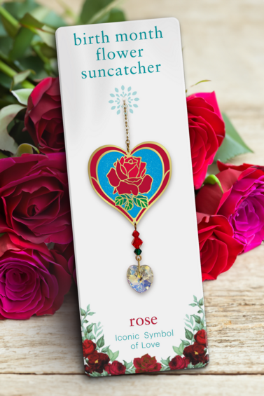 June - Rose with Heart Birth Month Flower Sun-Catcher Mobile - Stained Glass Effect - Sparkling Crystal Heart Adorned - Embellished with Hand-Crafted Beadwork