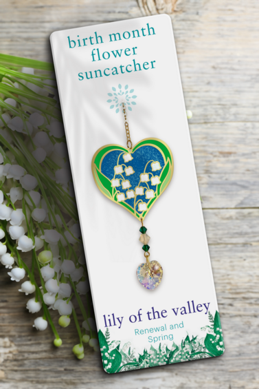 May - Lily of the Vally Birth Month Flower Sun-Catcher Mobile - Stained Glass Effect - Sparkling Crystal Heart Adorned - Embellished with Hand-Crafted Beadwork