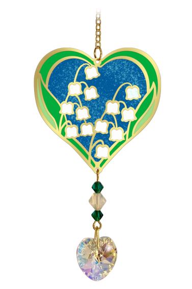 May - Lily of the Vally Birth Month Flower Sun-Catcher Mobile - Stained Glass Effect - Sparkling Crystal Heart Adorned - Embellished with Hand-Crafted Beadwork