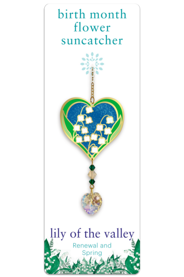 May - Lily of the Vally Birth Month Flower Sun-Catcher Mobile - Stained Glass Effect - Sparkling Crystal Heart Adorned - Embellished with Hand-Crafted Beadwork