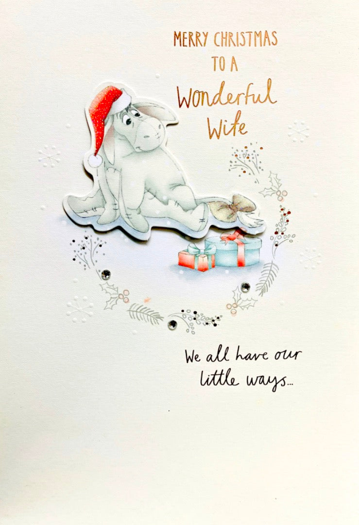 Wonderful Wife Merry Christmas Card Eeyore in Santa Hat by Disney Winnie the Pooh Hallmark