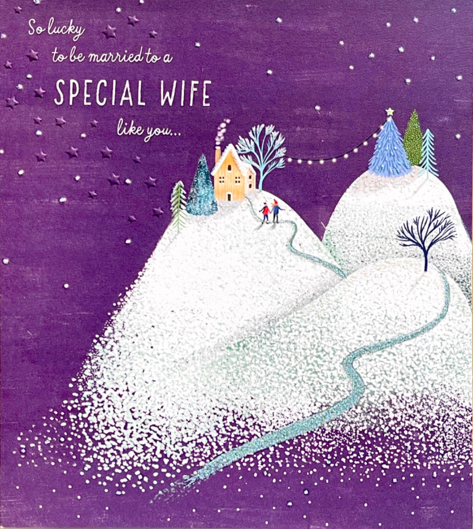 Special Wife Fill My Nights with Magic Happy Christmas Card Contemporary Snowy Scene Hallmark