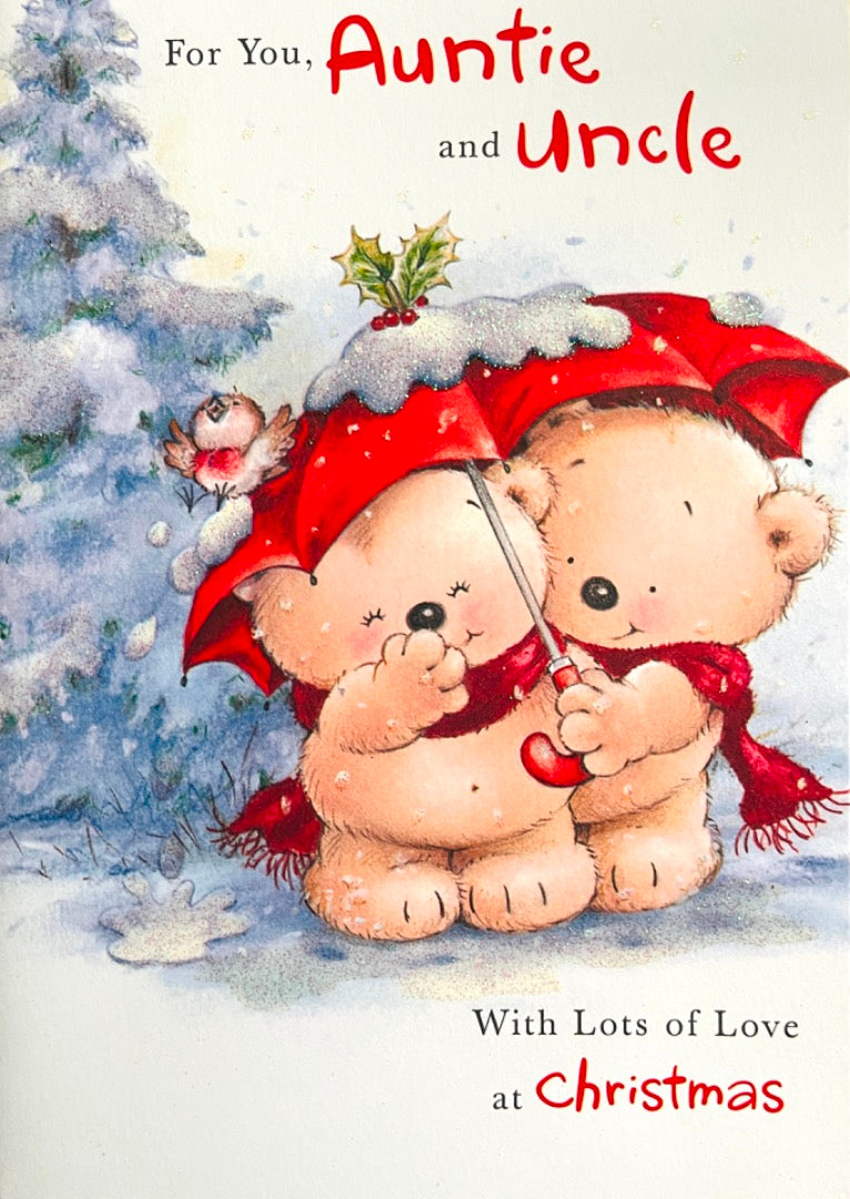 Auntie and Uncle Love at Christmas Card Cute Bear Couple under Umbrella Hallmark