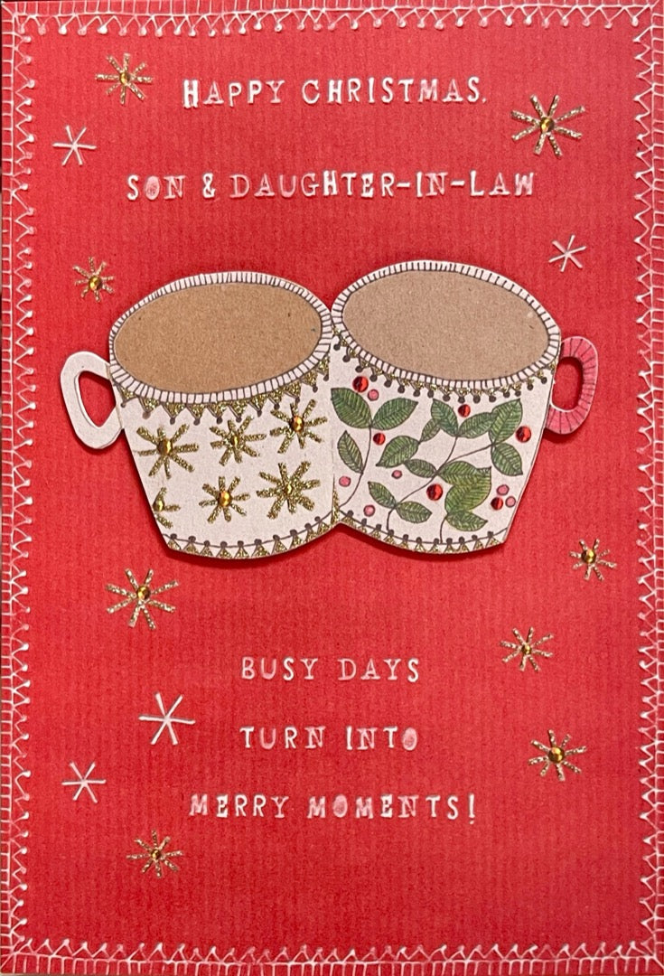 Son and Daughter-in-Law Warm Relaxing Christmas Card Glitter Drinks Love Hallmark