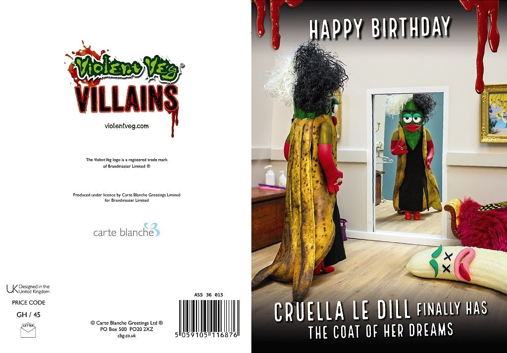 Violent Veg Cruella Le Dill Coat of Her Dreams Funny Humour Blank Birthday Card