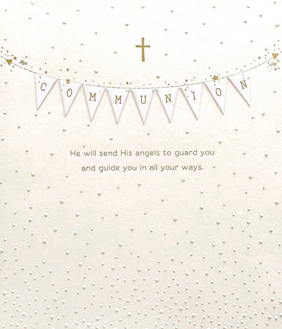 First Communion Congratulations Greeting Card - He Will Send His Angels - Gold Foil Cross with Buntings, Embossed Dots