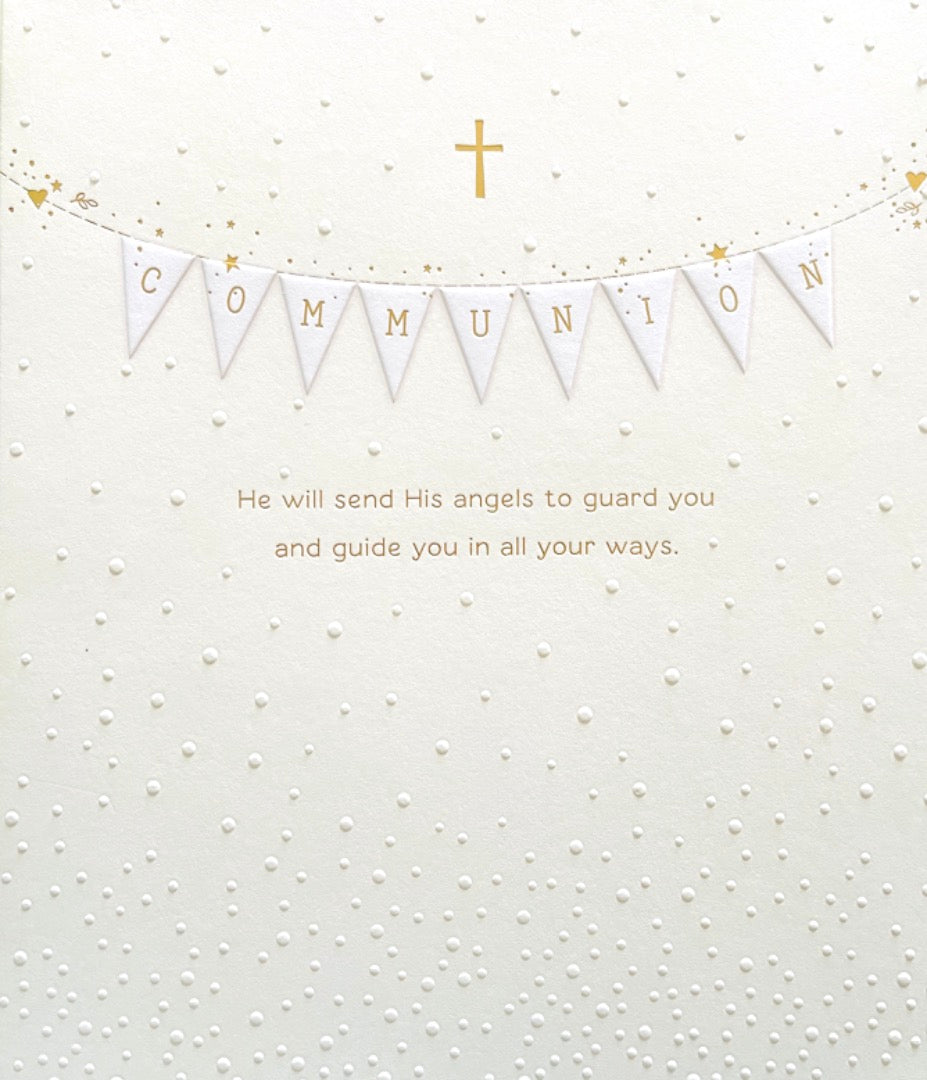 First Communion Congratulations Greeting Card - He Will Send His Angels - Gold Foil Cross with Buntings, Embossed Dots