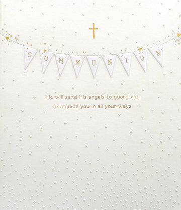 First Communion Congratulations Greeting Card - He Will Send His Angels - Gold Foil Cross with Buntings, Embossed Dots
