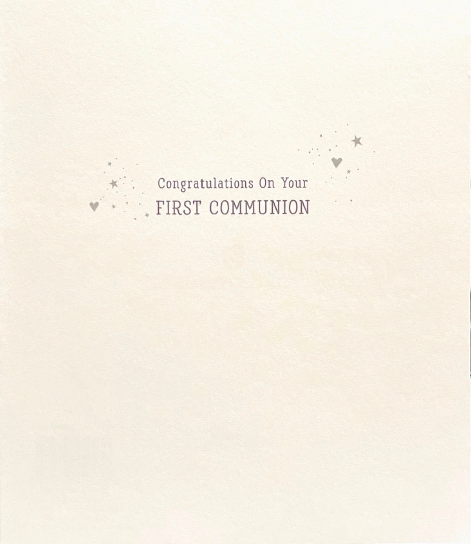 First Communion Congratulations Greeting Card - He Will Send His Angels - Gold Foil Cross with Buntings, Embossed Dots