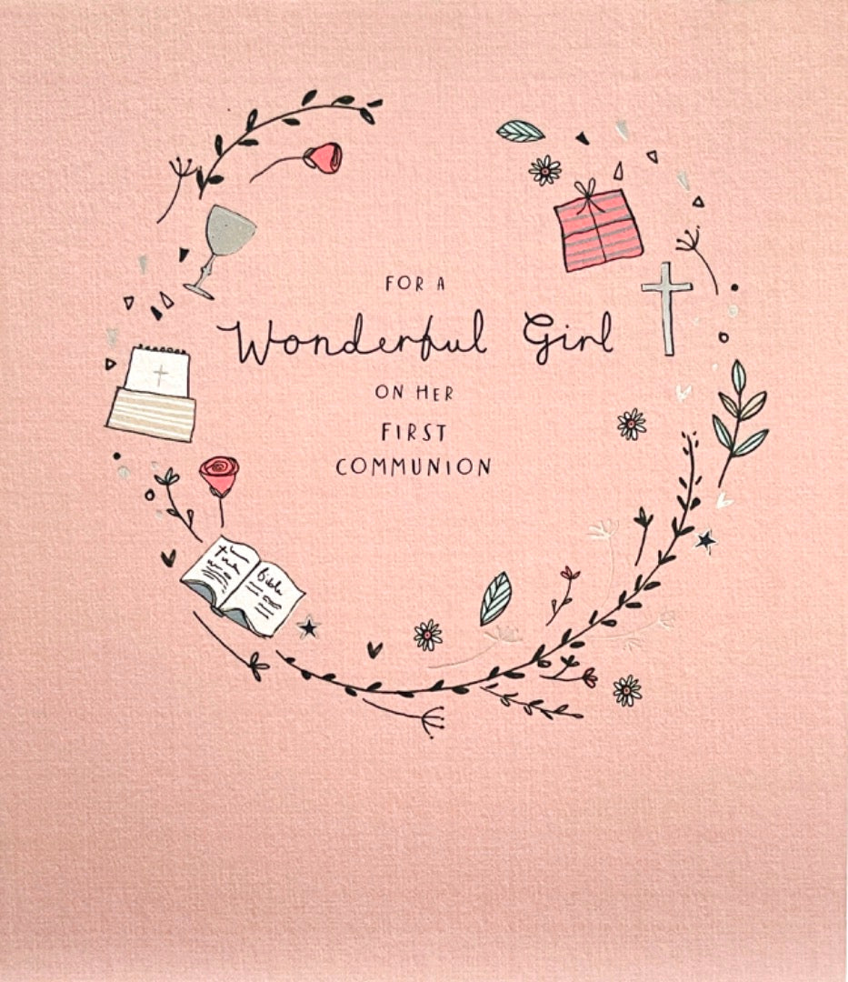 For Wonderful Girl 1st First Communion Keepsake Record Silver Foil Greeting Card