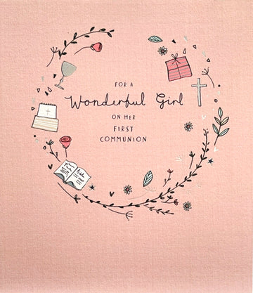 For Wonderful Girl 1st First Communion Keepsake Record Silver Foil Greeting Card