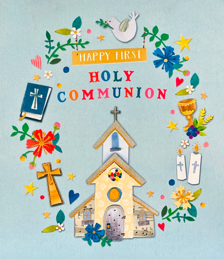 Happy First Holy Communion Card - Elements Chalice Wheat Church Bible Dove Grapes