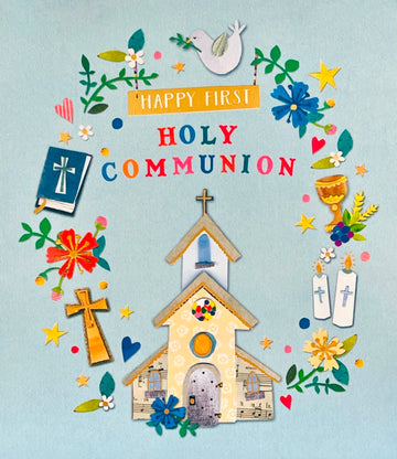 Happy First Holy Communion Card - Elements Chalice Wheat Church Bible Dove Grapes