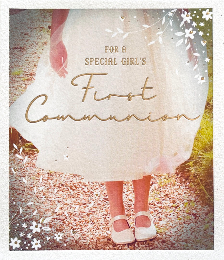Pretty Dress Glitter with Gold Letters A Special Girl's 1st First Communion Card