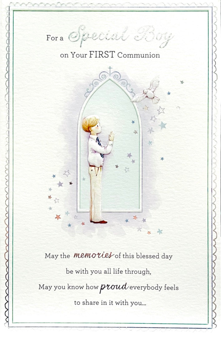 For a Special Boy on Your First Communion Silver Foiled Greeting Card - Praying