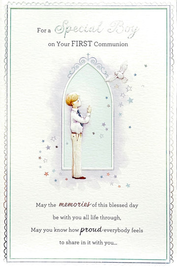 For a Special Boy on Your First Communion Silver Foiled Greeting Card - Praying