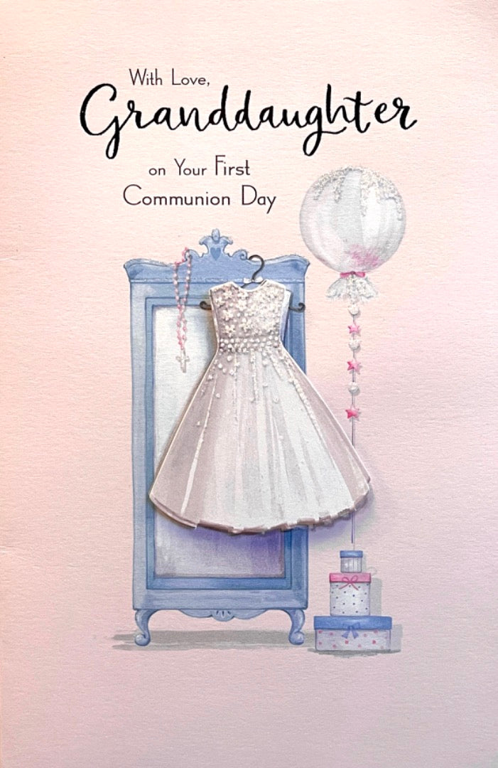 With Love Granddaughter on Your 1st First Communion Day Card Lovely Dress Rosary