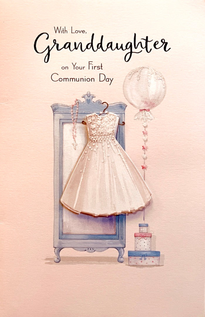 With Love Granddaughter on Your 1st First Communion Day Card Lovely Dress Rosary