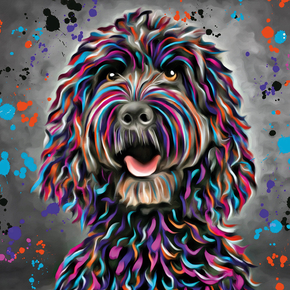 Colourful Aquamarine Art Family Dog Blank Greeting Card by Artist Deborah Barker