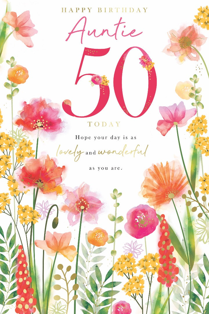 Auntie 50th Milestone Birthday Card, Floral Watercolour Artwork Gold Foil Finish