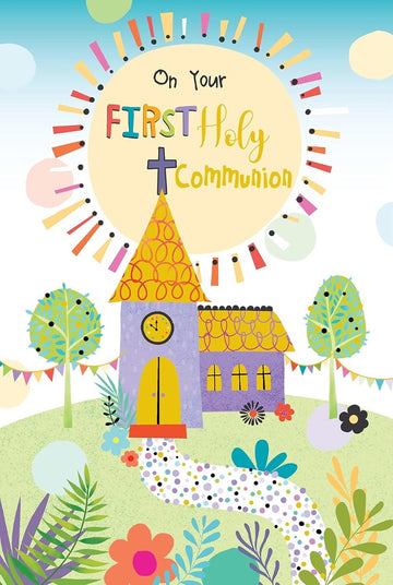 On Your First Holy Communion Colourful Church Lovely Verse Inside Greeting Card