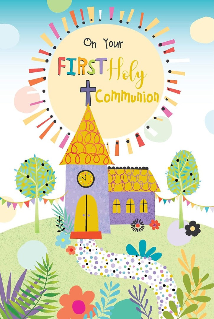 On Your First Holy Communion Colourful Church Lovely Verse Inside Greeting Card