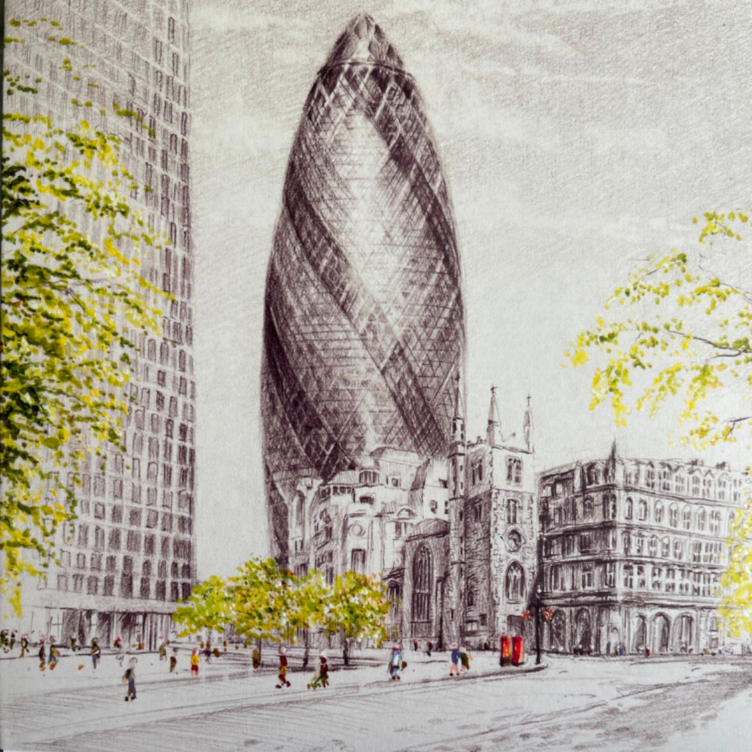 London Landmark The Gherkin St Mary Axe illustration Art Blank Greeting Card - C672