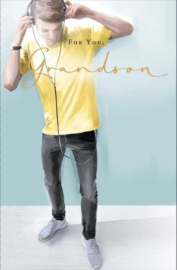 Grandson Happy Birthday Card - Stylish Young Man Headphones Watercolour Contemporary Art