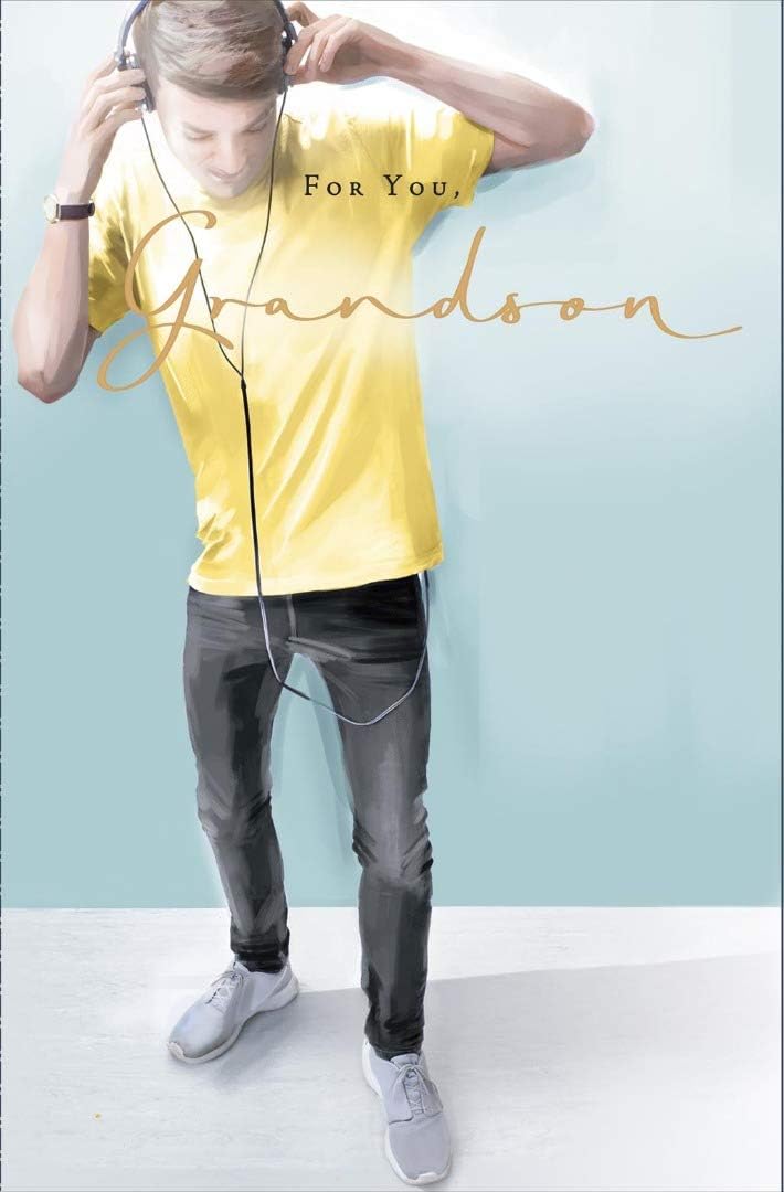 Grandson Happy Birthday Card - Stylish Young Man Headphones Watercolour Contemporary Art