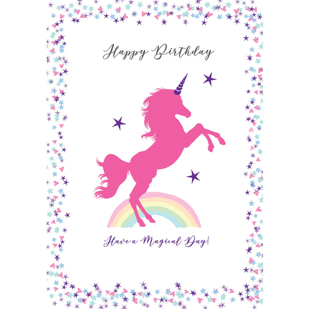 Pink Glitter Unicorn Rainbow and Stars Have a Magical Day Happy Birthday Card