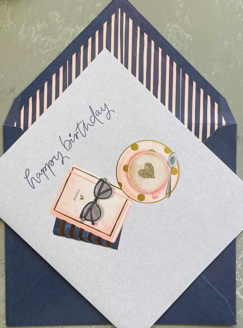 Happy Birthday Blank Card Coffee Books Sunglasses Modern Contemporary Emboss Foil Glitter Embellished