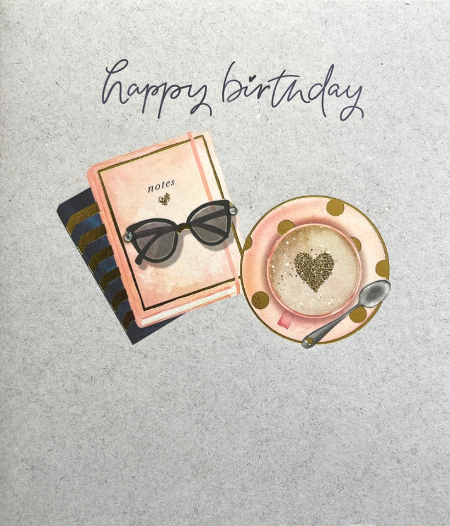 Happy Birthday Blank Card Coffee Books Sunglasses Modern Contemporary Emboss Foil Glitter Embellished