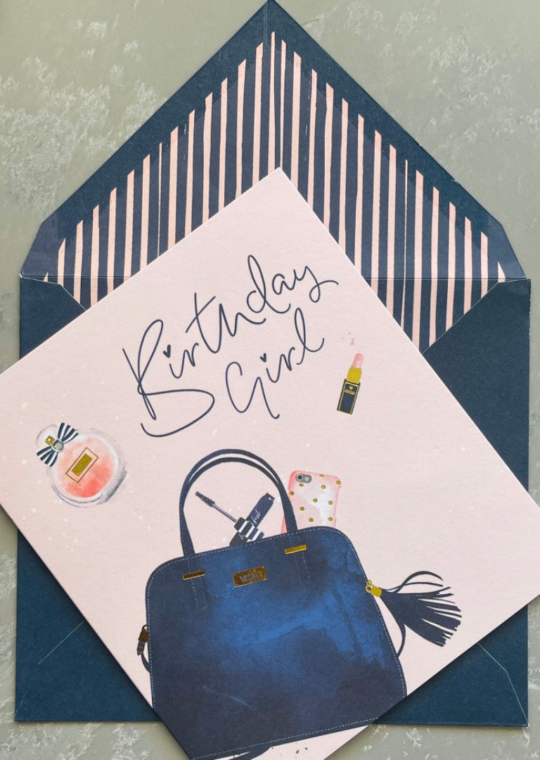Birthday Girl Blank Card Handbag Perfume Makeup Modern Contemporary Foil Embellished
