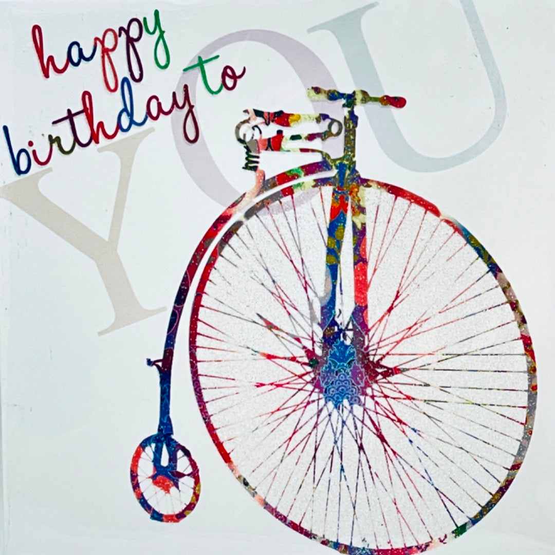 Retro High Wheel Bicycle Happy Birthday Blank Card with Emboss Flitter Art Penny Farthing - Twice as nice