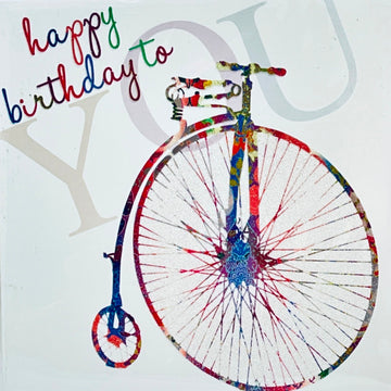 Retro High Wheel Bicycle Happy Birthday Blank Card with Emboss Flitter Art Penny Farthing - Twice as nice