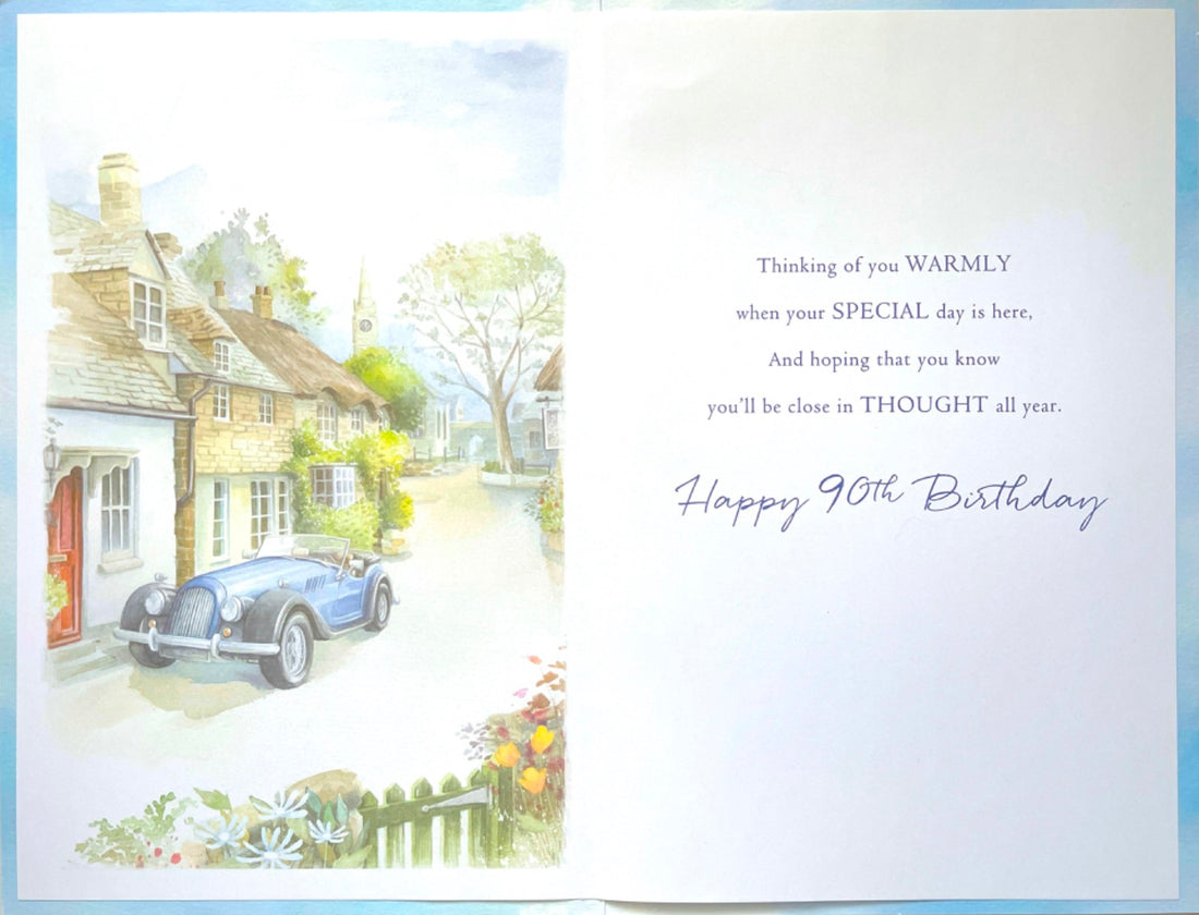 Happy 90th Birthday Card Classic Sports Car in Picturesqe Village Fine Art Print Morgan Roadster