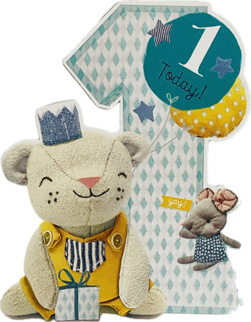 1 Today Yay 1st Birthday Card Teddy Bear and Mouse Party Hat Balloons and Gift