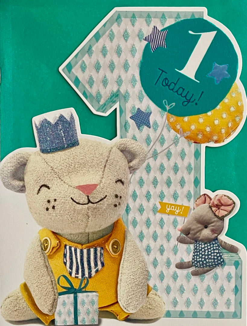 1 Today Yay 1st Birthday Card Teddy Bear and Mouse Party Hat Balloons and Gift