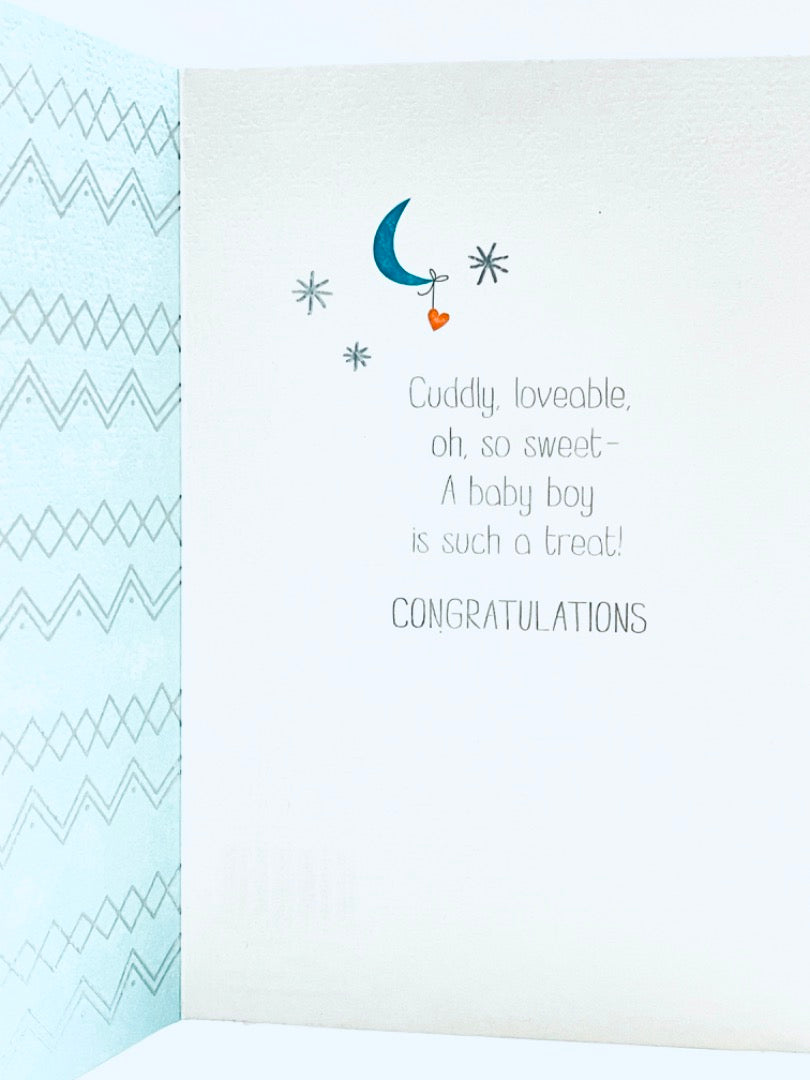 Sweet Baby Boy Blue Whale Contemporary Foil Embossed Birth Congratulations Card