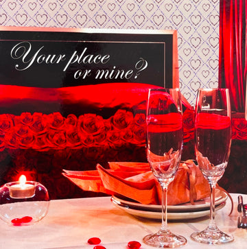 Your Place or Mine? Romantic Candlelit Bedroom Roses and Champagne Photo Art Valentine's Day Card