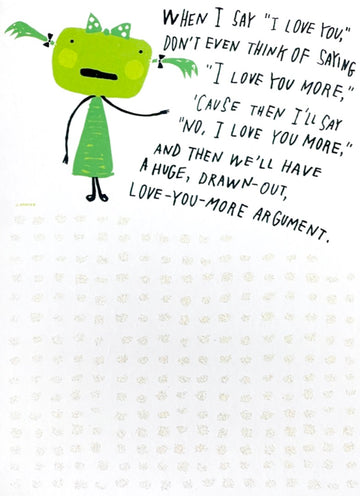 I Love You More Argument Contemporary Card - Cute Green Love Bug Alien Glitter