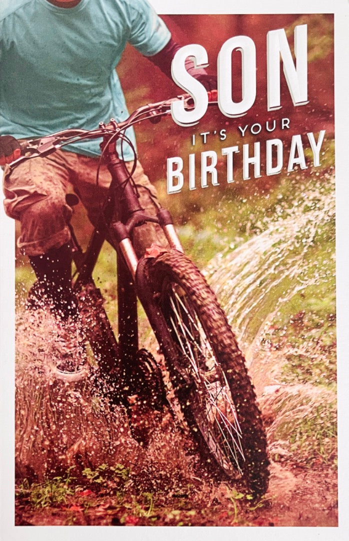 Son Its Your Birthday Greeting Card - Mountain Bike Off Road Cycling Adventure