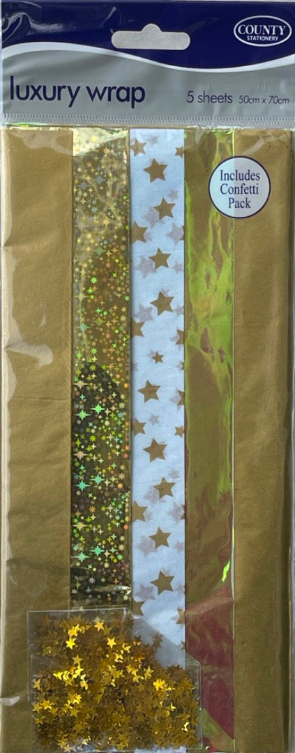 5 Sheets of Gold Metallic Luxury Wrap and Tissue Paper Variety with Confetti Stars Pack