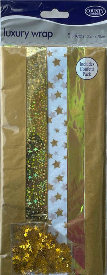 5 Sheets of Gold Metallic Luxury Wrap and Tissue Paper Variety with Confetti Stars Pack